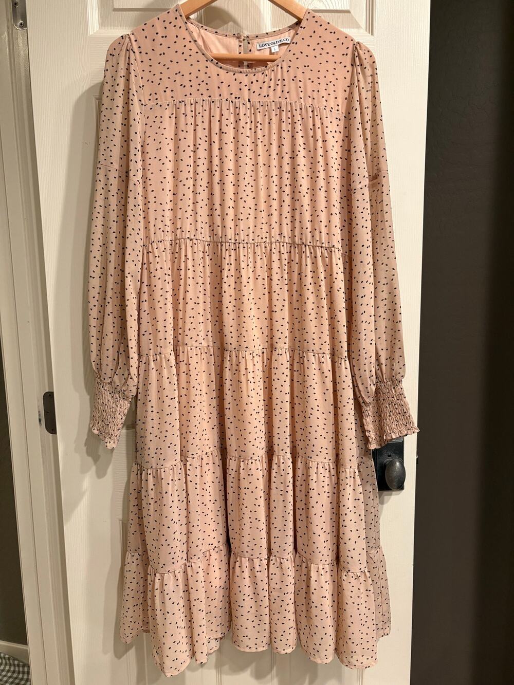 LOVE OLIVE CO Blush Nude Polka Dot Tiered Midi Dress Size Large Modest Feminine